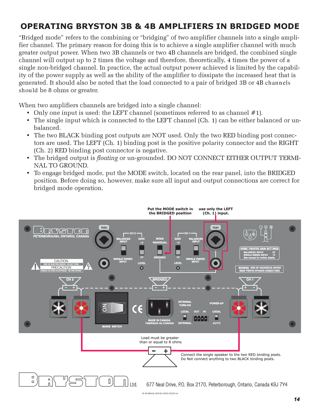 Bryston 4B SST, 3B SST owner manual Operating Bryston 3B & 4B Amplifiers in Bridged Mode 