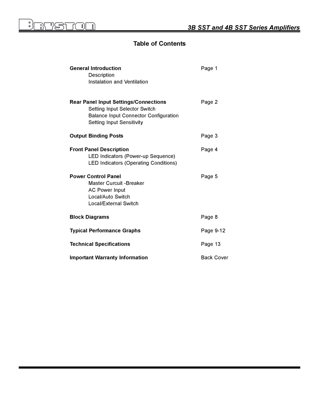 Bryston owner manual 3B SST and 4B SST Series Amplifiers, Table of Contents 