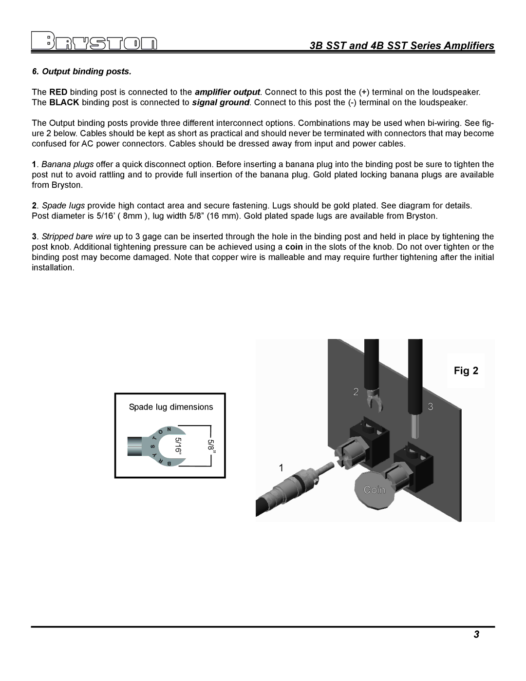 Bryston 3B SST, 4B SST owner manual Coin, Output binding posts 