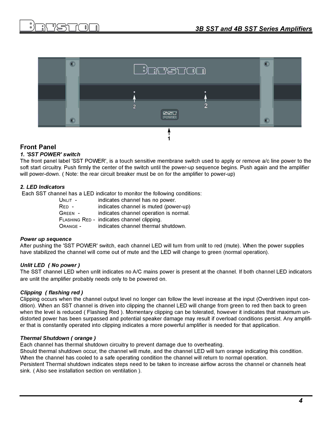 Bryston 4B SST, 3B SST owner manual Front Panel 