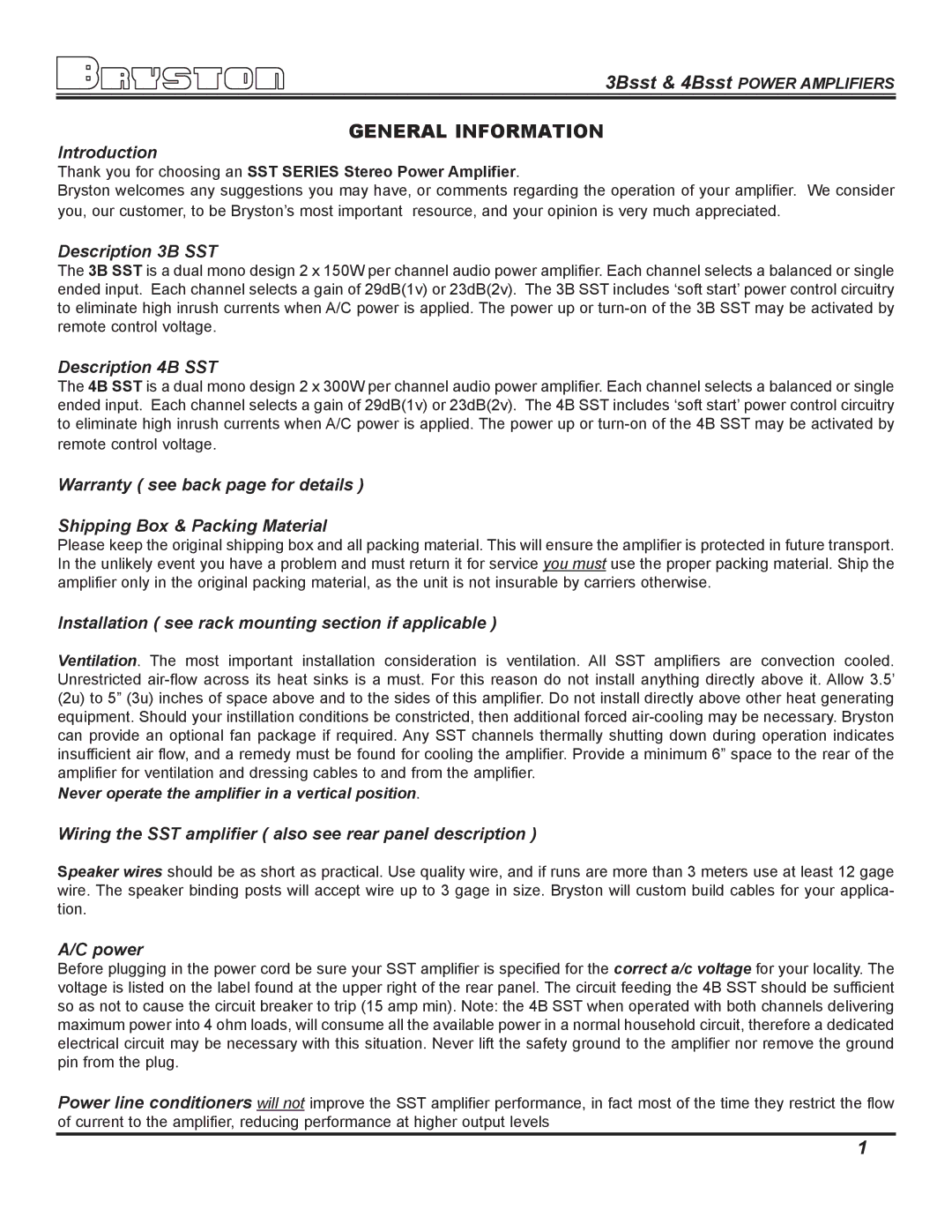 Bryston 4BSST General Information, 3Bsst & 4Bsst Power Amplifiers, Never operate the amplifier in a vertical position 