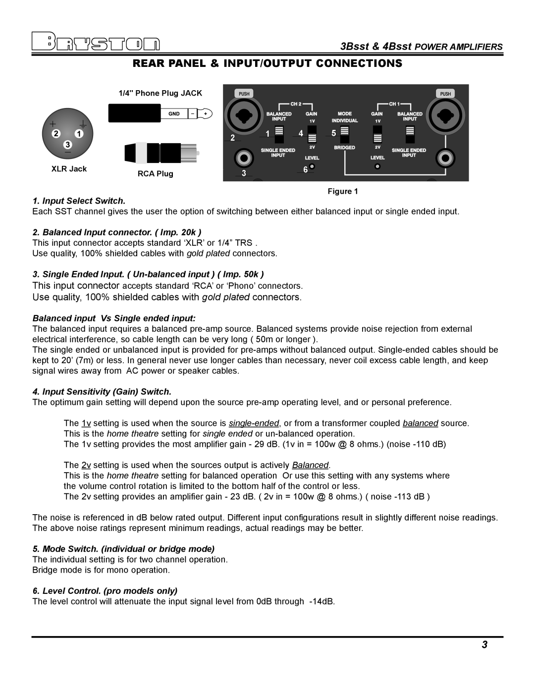 Bryston 4BSST, 3BSST owner manual Rear Panel & INPUT/OUTPUT Connections 