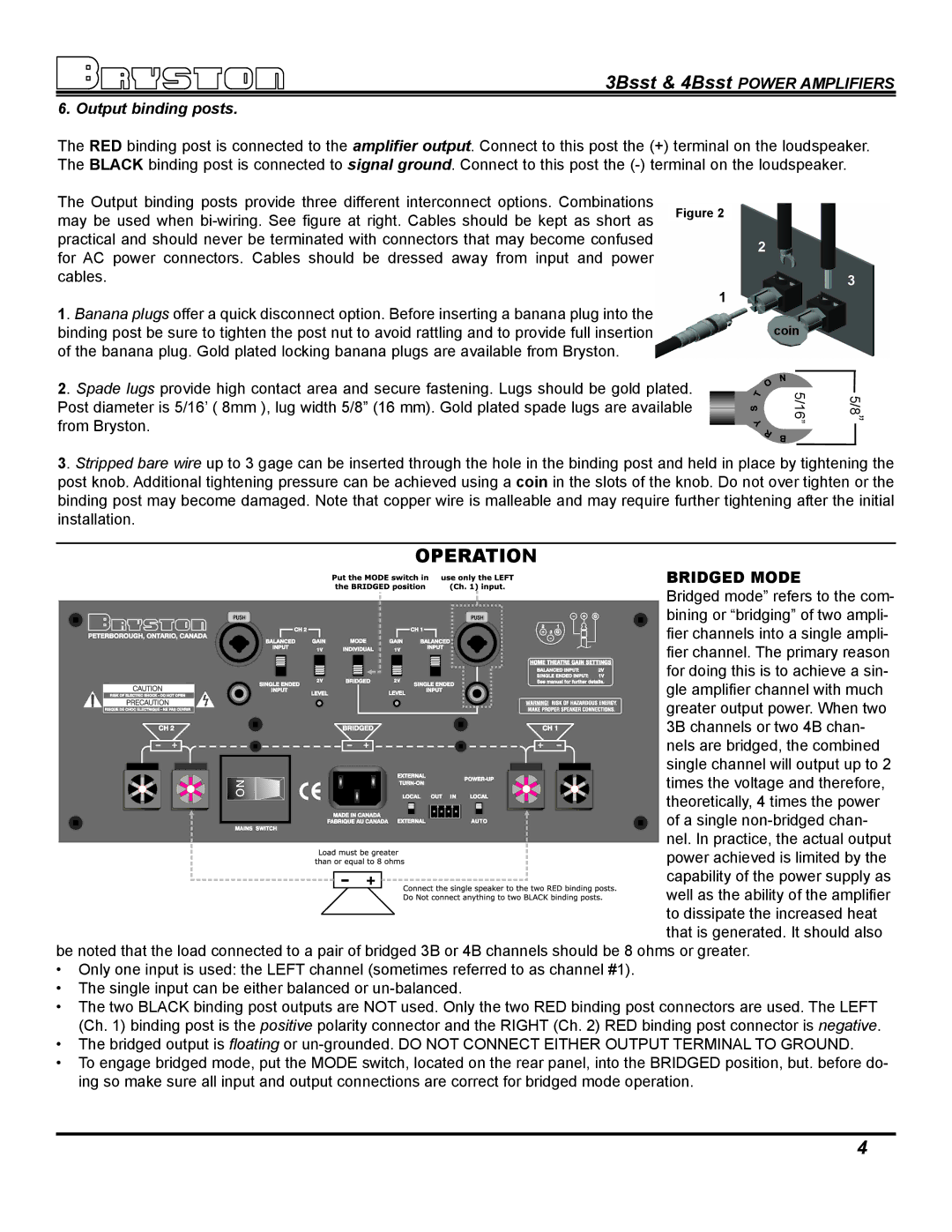 Bryston 3BSST, 4BSST owner manual Operation, 3Bsst & 4Bsst Power Amplifiers Output binding posts 