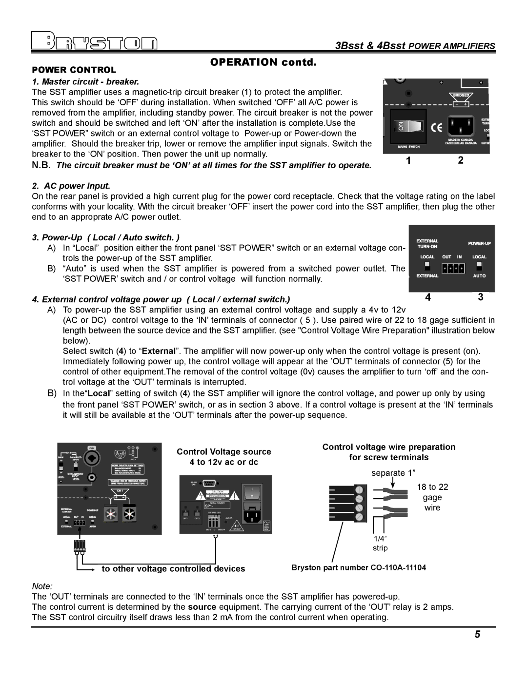 Bryston 4BSST, 3BSST owner manual Operation contd, Master circuit breaker, AC power input, Power-Up Local / Auto switch 