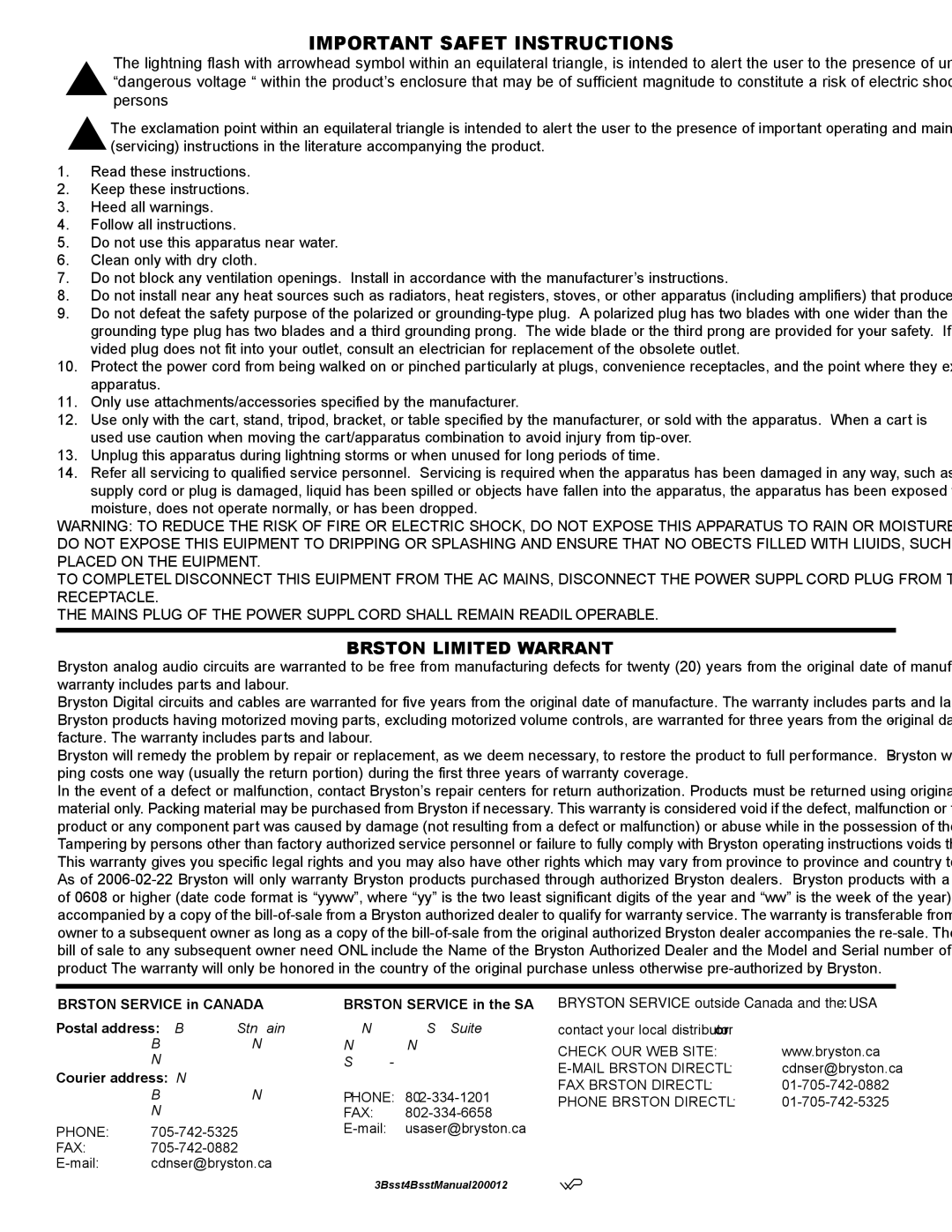 Bryston 4BSST, 3BSST owner manual Important Safety Instructions, Bryston Limited Warranty 