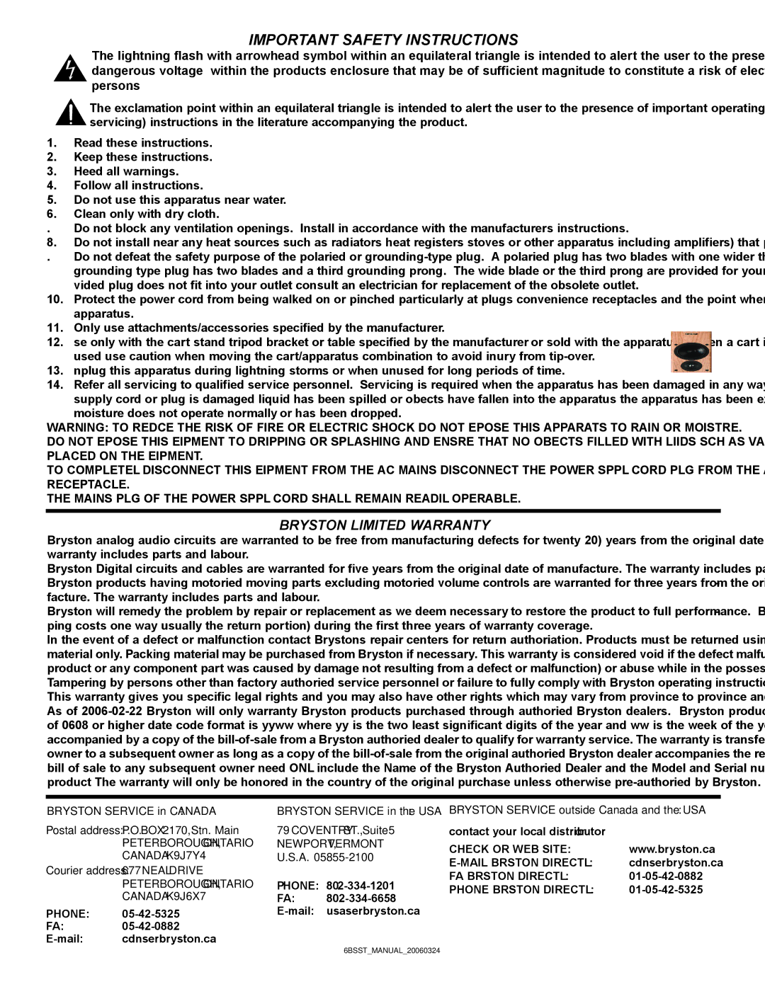 Bryston 6B SST owner manual Important Safety Instructions 