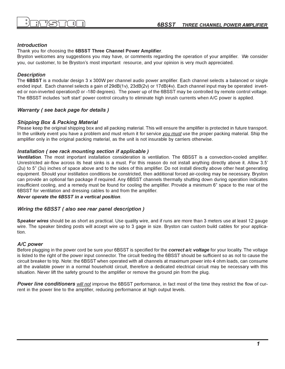 Bryston 6B SST owner manual Introduction, Never operate the 6BSST in a vertical position 