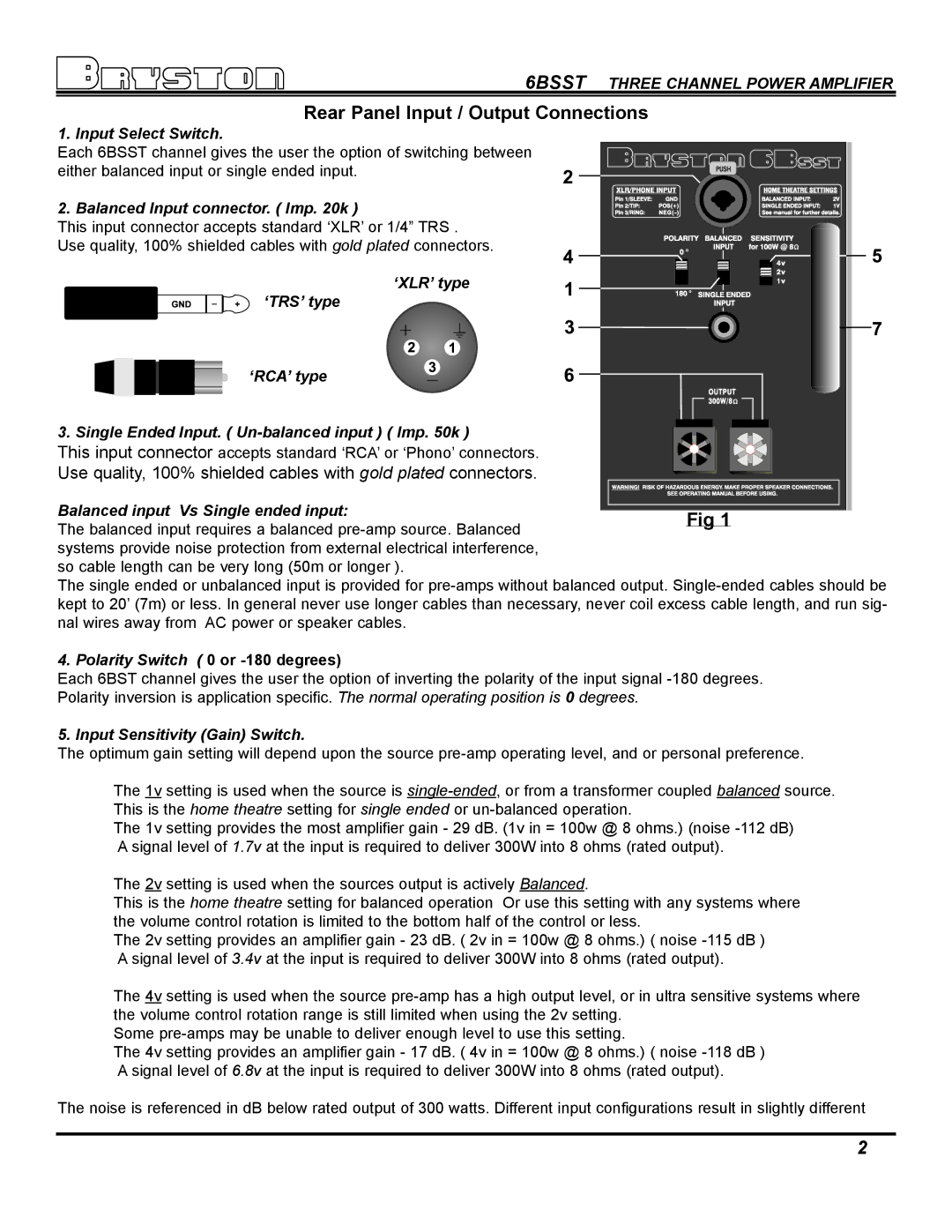 Bryston 6B SST owner manual Rear Panel Input / Output Connections, Input Select Switch, Balanced Input connector. Imp k 