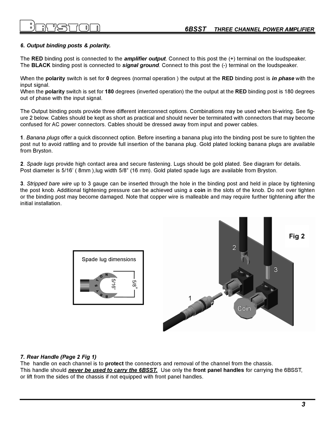 Bryston 6B SST owner manual Output binding posts & polarity, Rear Handle Page 2 Fig 