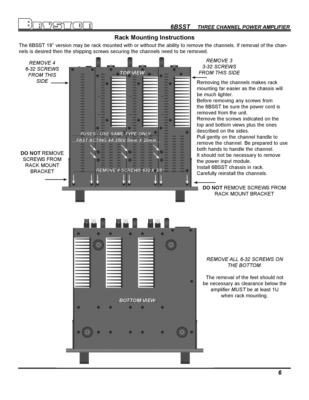 Bryston 6B SST owner manual Rack Mounting Instructions, TOP View 