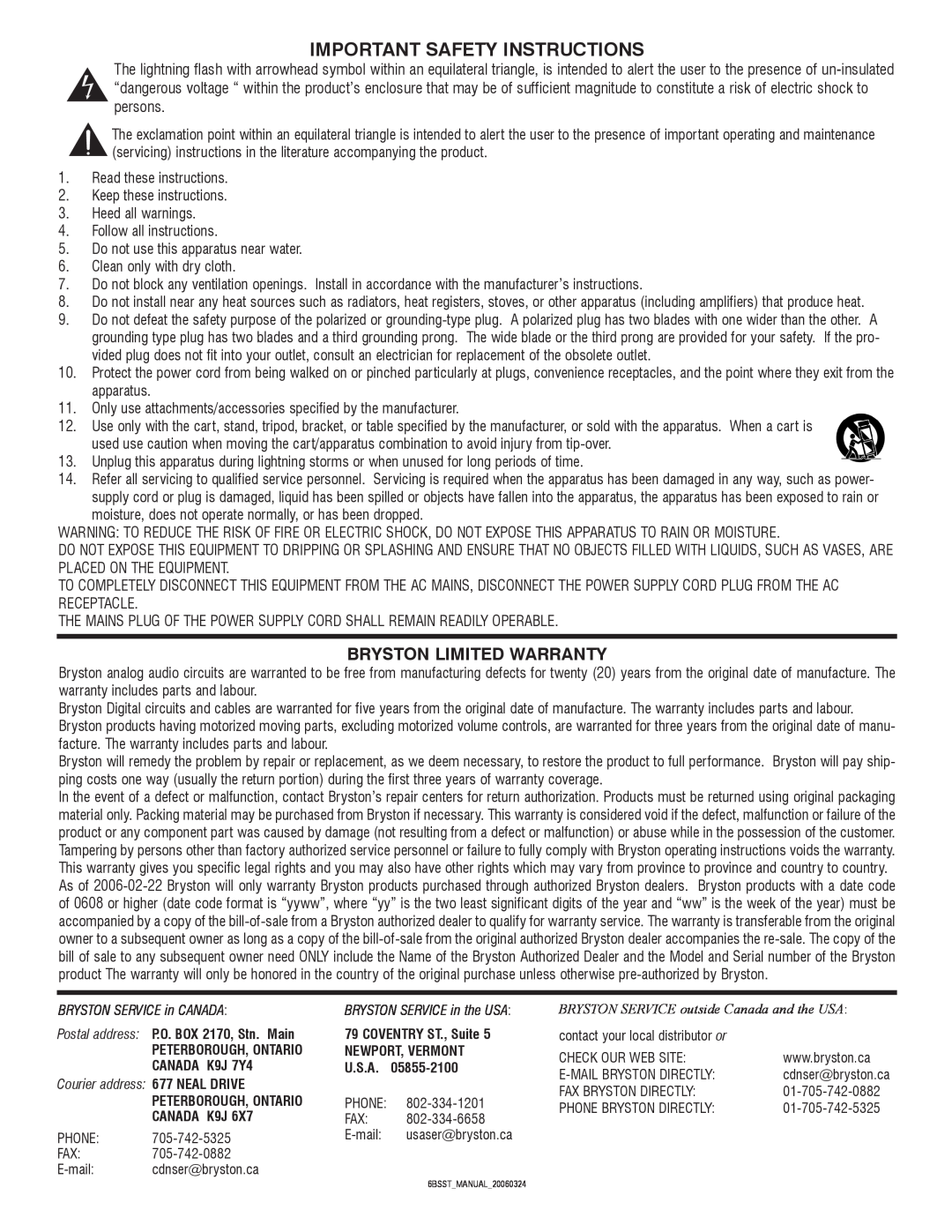 Bryston 6B SST owner manual Important Safety Instructions, Bryston Limited Warranty 