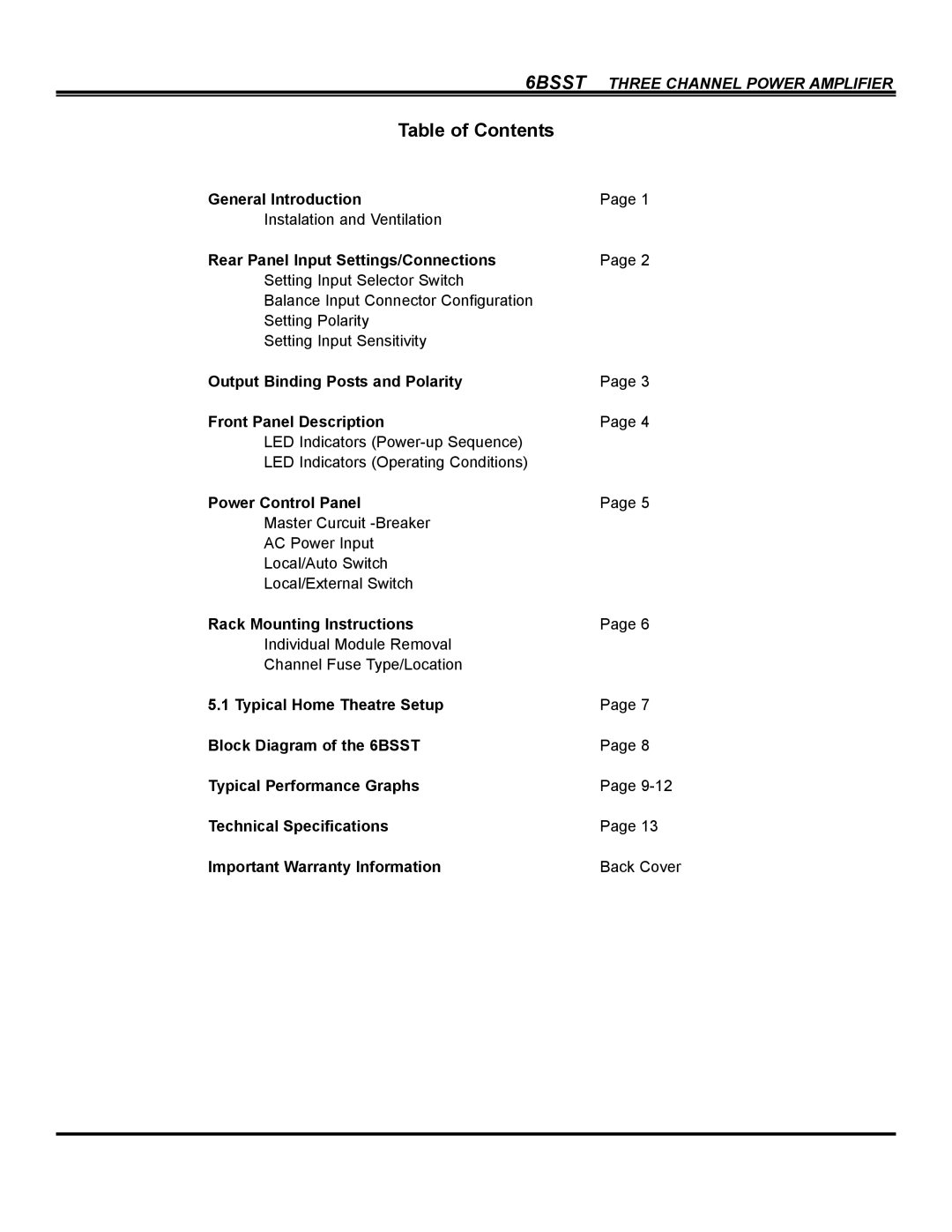 Bryston 6BSST, SST Series Amplifiers owner manual Table of Contents 