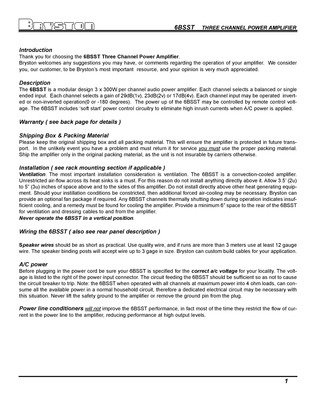 Bryston SST Series Amplifiers owner manual Introduction, Never operate the 6BSST in a vertical position 