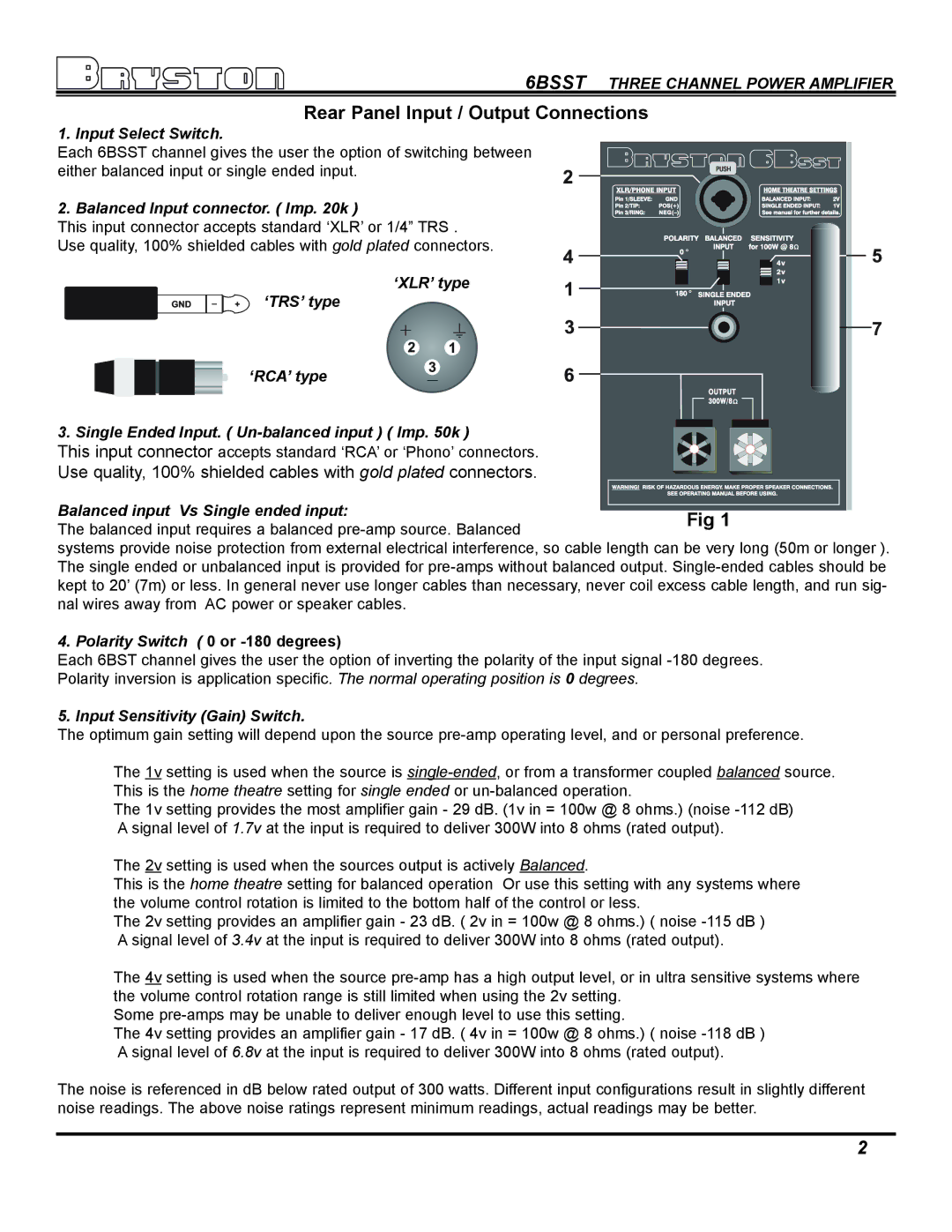 Bryston 6BSST owner manual Rear Panel Input / Output Connections, Input Select Switch, Balanced Input connector. Imp k 