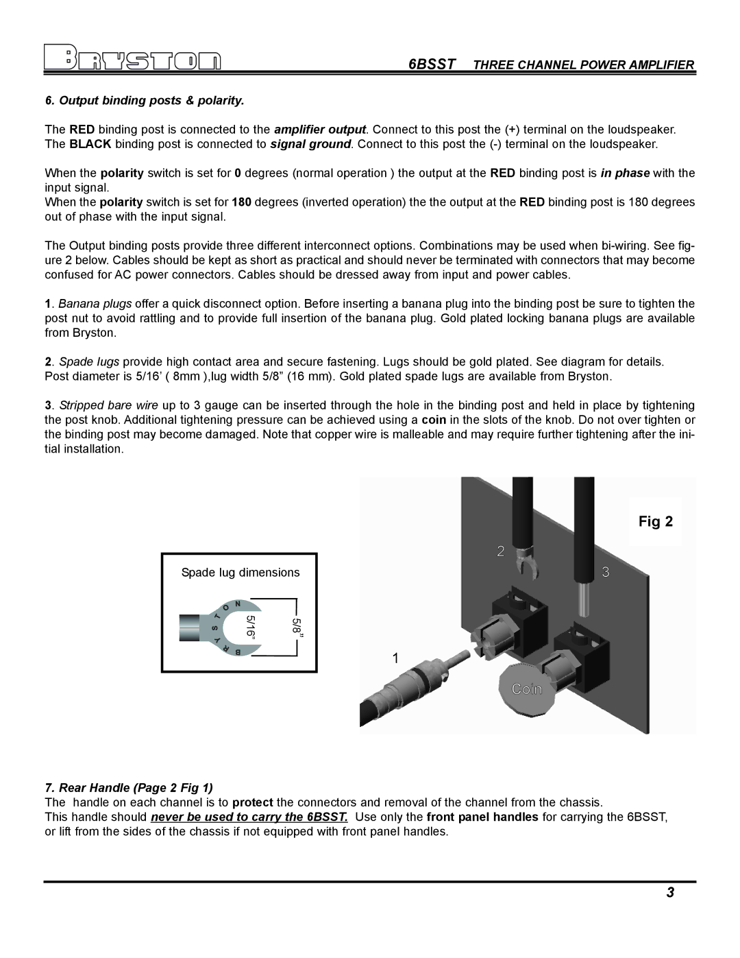 Bryston SST Series Amplifiers, 6BSST owner manual Coin, Output binding posts & polarity, Rear Handle Page 2 Fig 