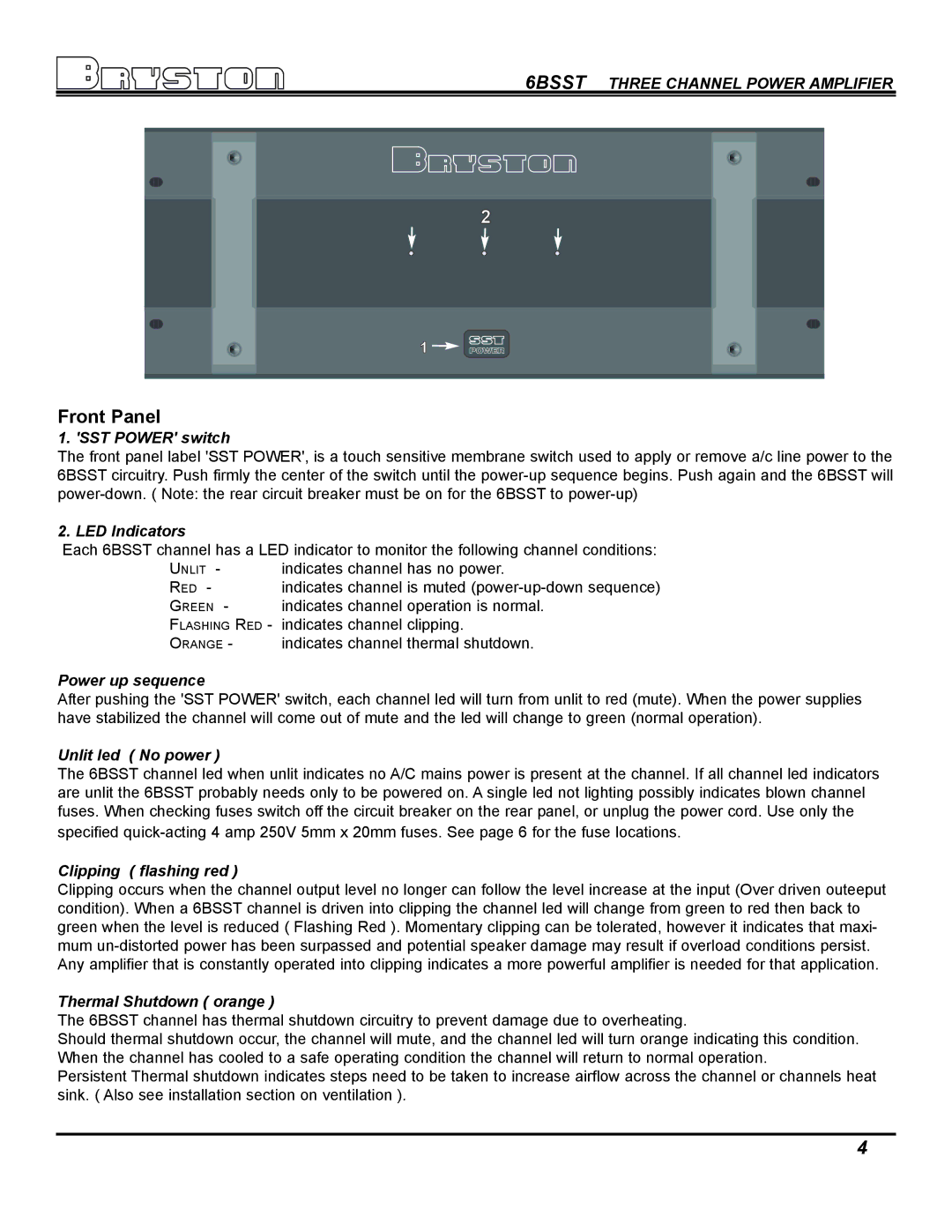 Bryston 6BSST, SST Series Amplifiers owner manual Front Panel 