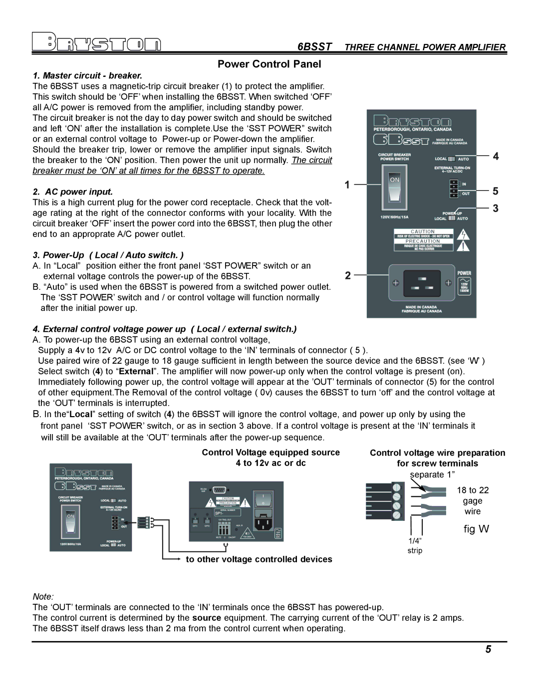 Bryston SST Series Amplifiers Power Control Panel, Master circuit breaker, AC power input, Power-Up Local / Auto switch 