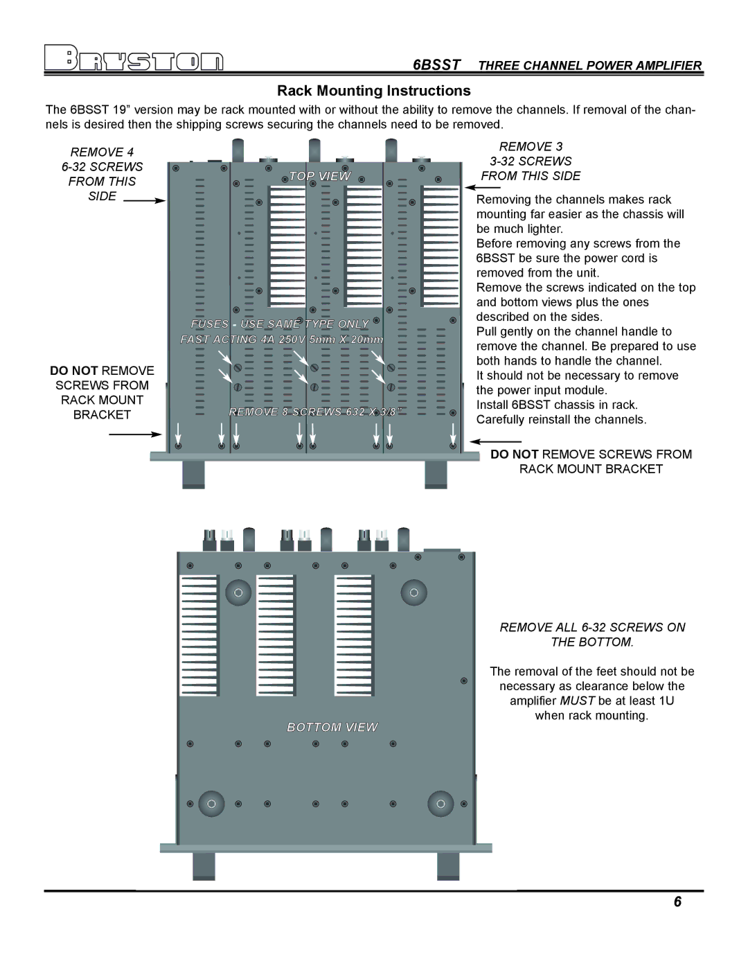 Bryston 6BSST, SST Series Amplifiers owner manual Rack Mounting Instructions, TOP View 