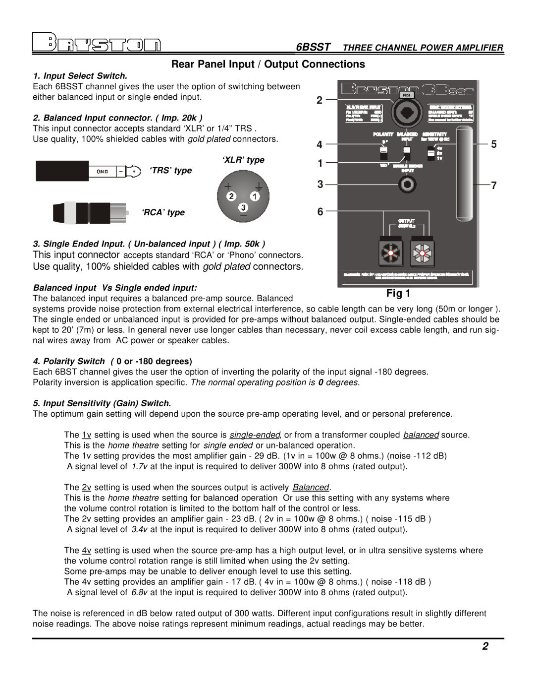 Bryston 6BSST owner manual Rear Panel Input / Output Connections 