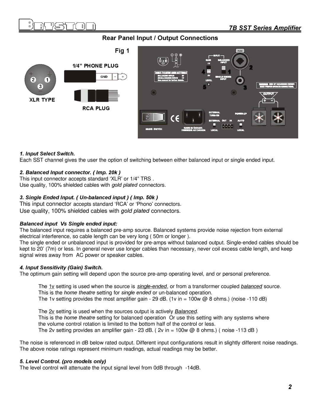 Bryston 7B SST owner manual Rear Panel Input / Output Connections 