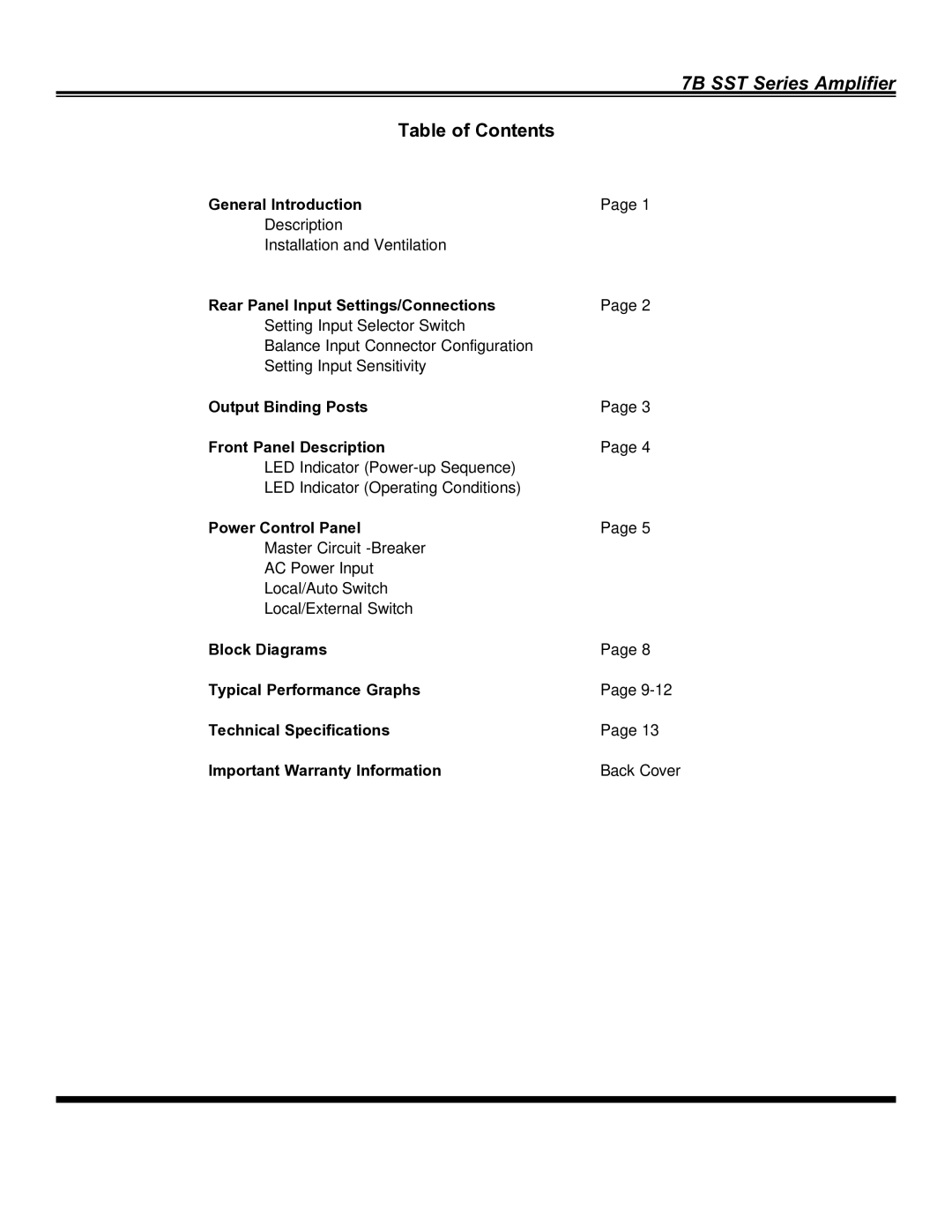 Bryston owner manual 7B SST Series Amplifier, Table of Contents 