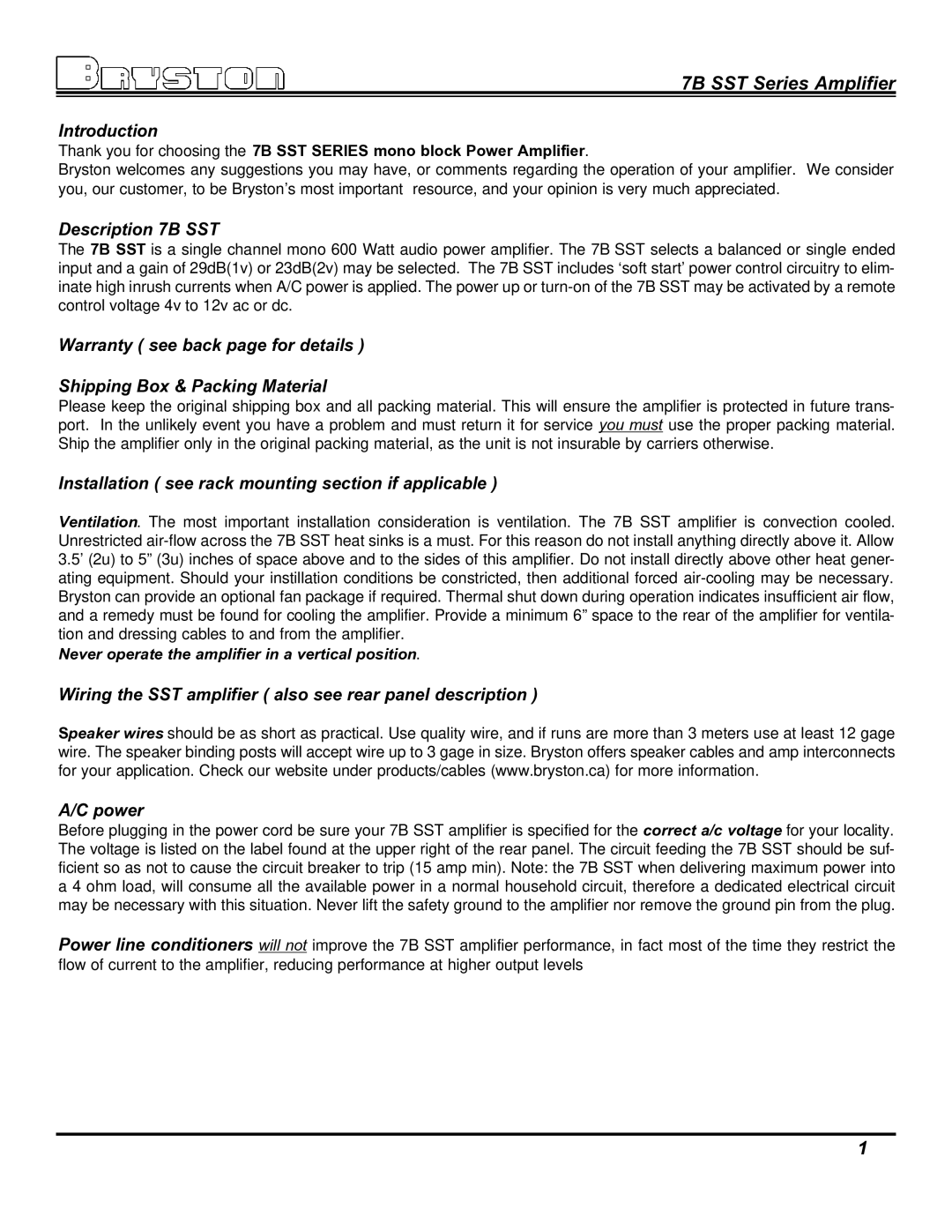 Bryston 7B SST owner manual Introduction, Never operate the amplifier in a vertical position 