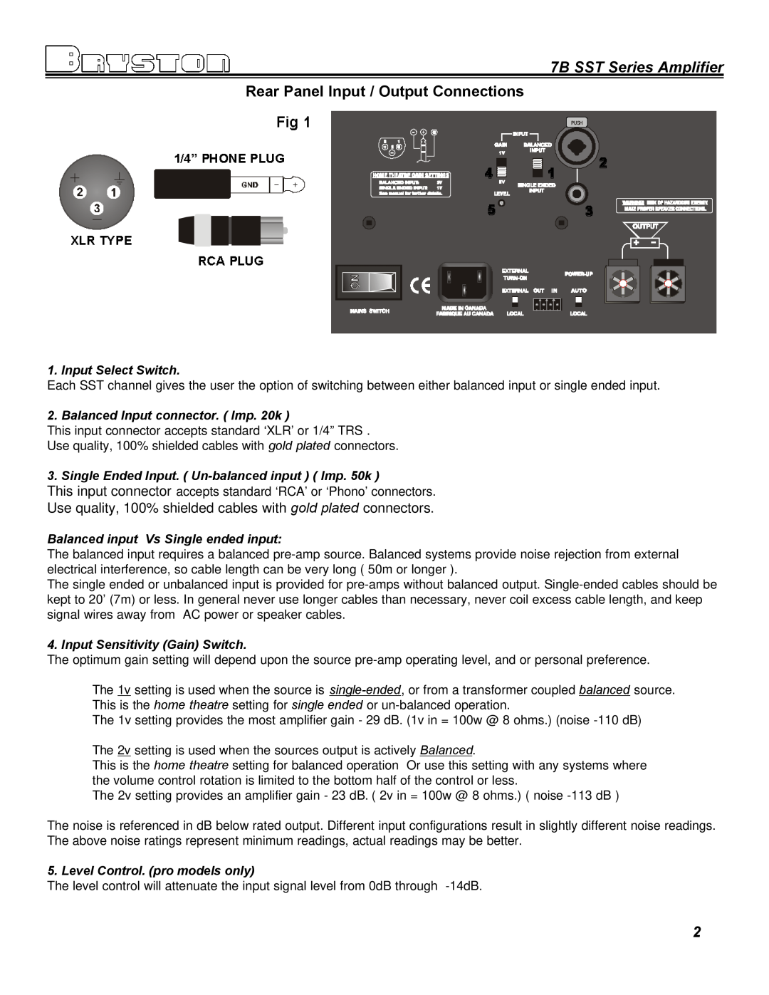 Bryston owner manual Rear Panel Input / Output Connections, 7B SST Series Amplifier, Input Select Switch 