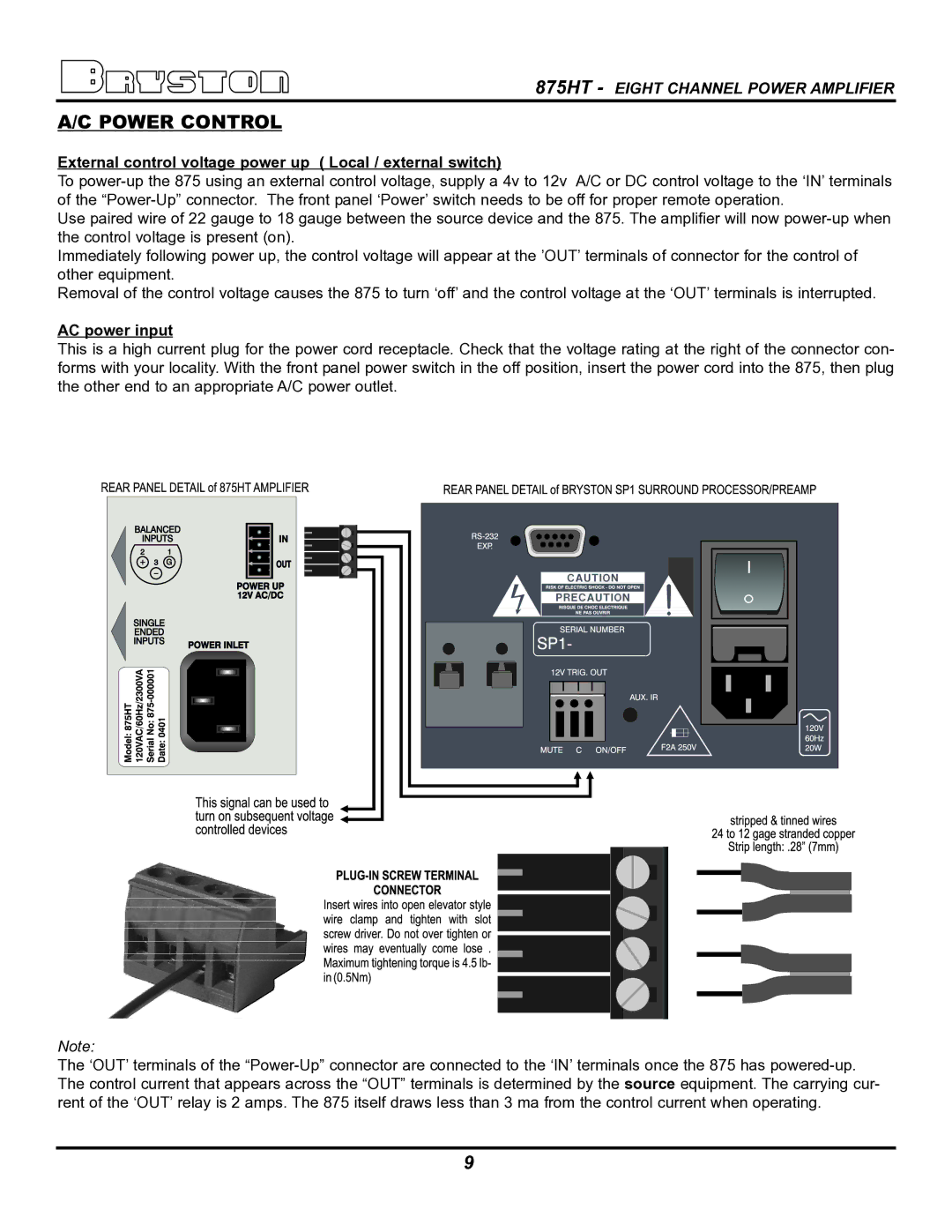 Bryston 875HT owner manual Power Control, External control voltage power up Local / external switch, AC power input 