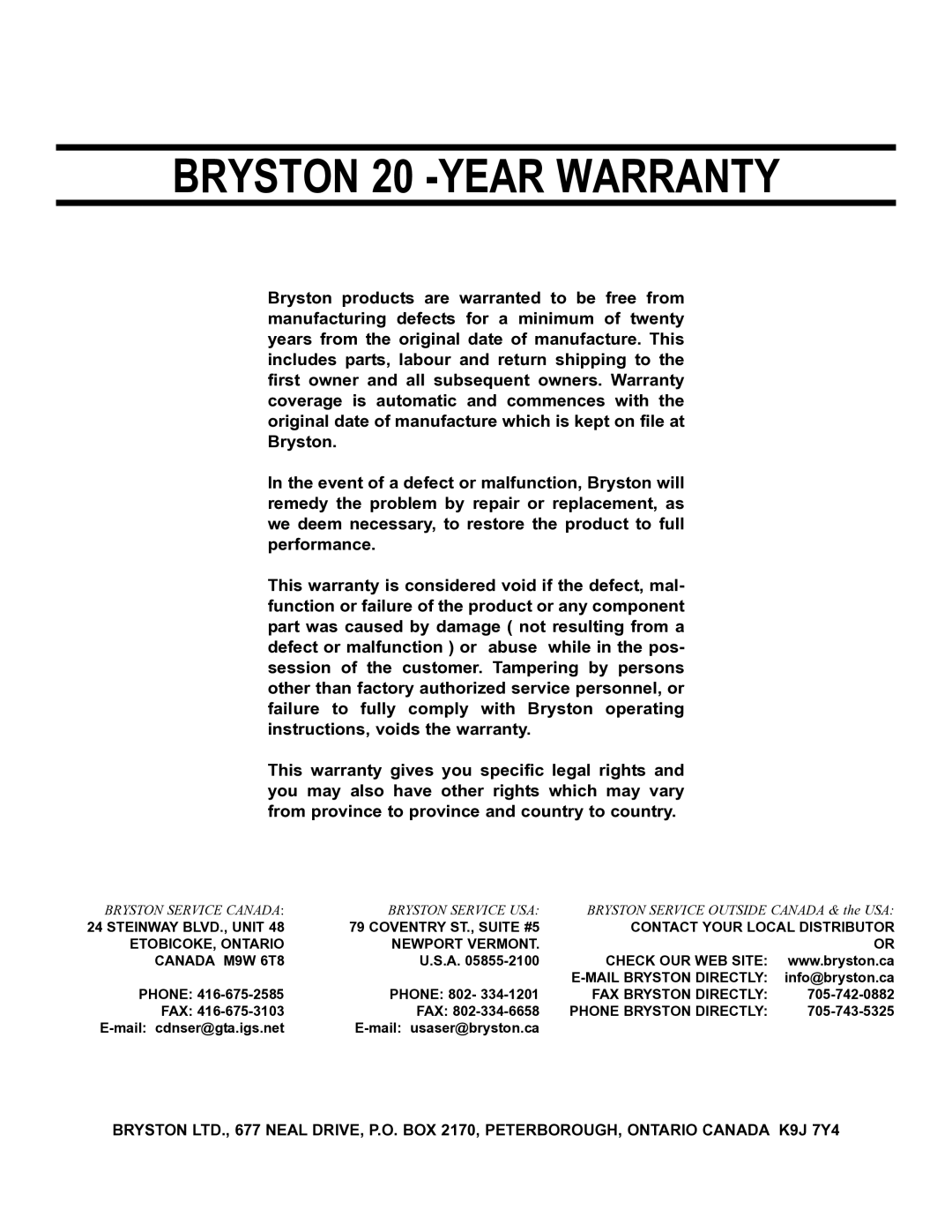 Bryston 875HT owner manual Bryston 20 -YEAR Warranty 