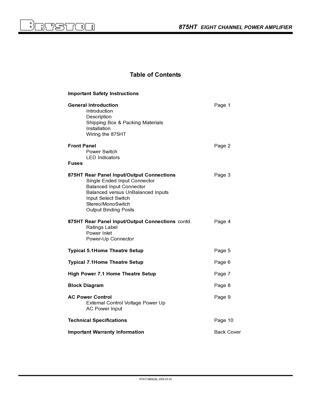 Bryston 875HT owner manual Table of Contents 