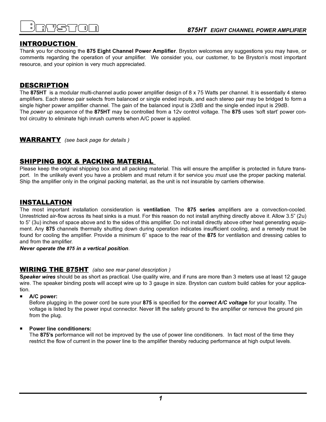 Bryston 875HT owner manual Introduction, Description, Shipping BOX & Packing Material, Installation 