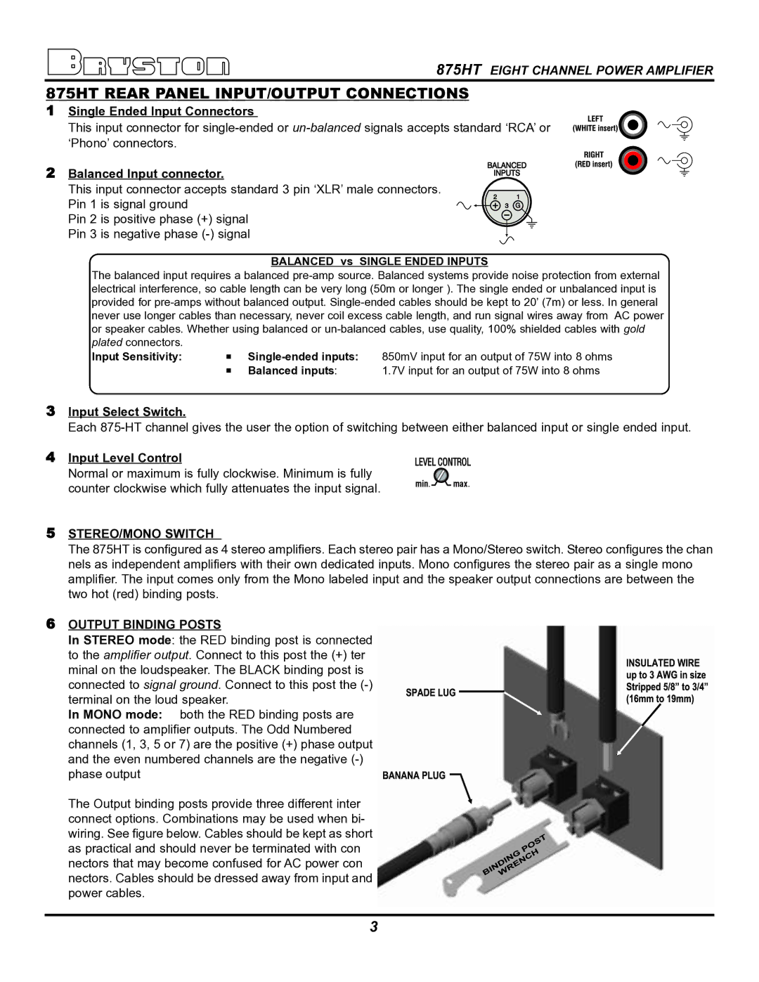 Bryston owner manual 875HT Rear Panel INPUT/OUTPUT Connections, Single Ended Input Connectors, Balanced Input connector 