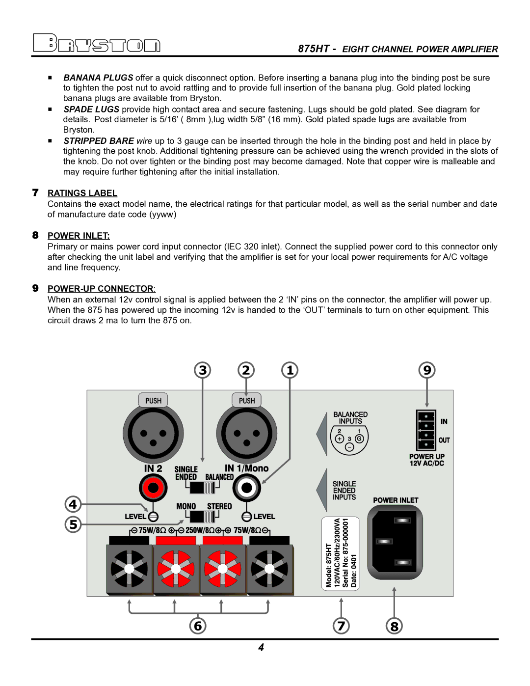 Bryston 875HT owner manual Ratings Label 