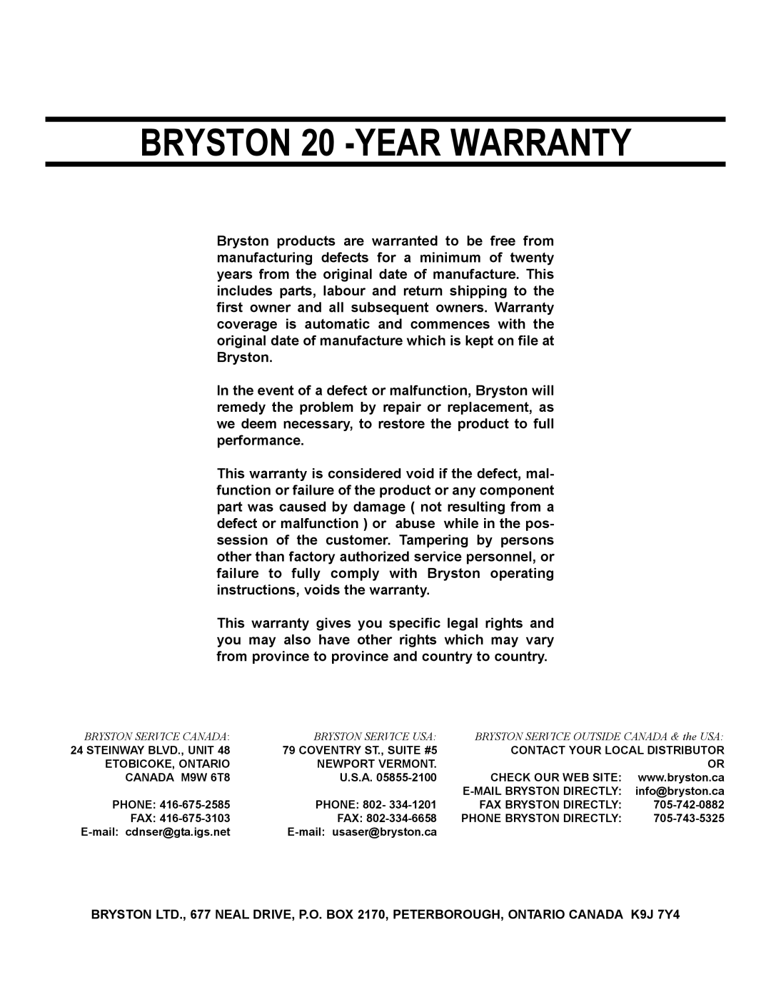 Bryston 875HT owner manual BRYSTON 20 -YEARWARRANTY 
