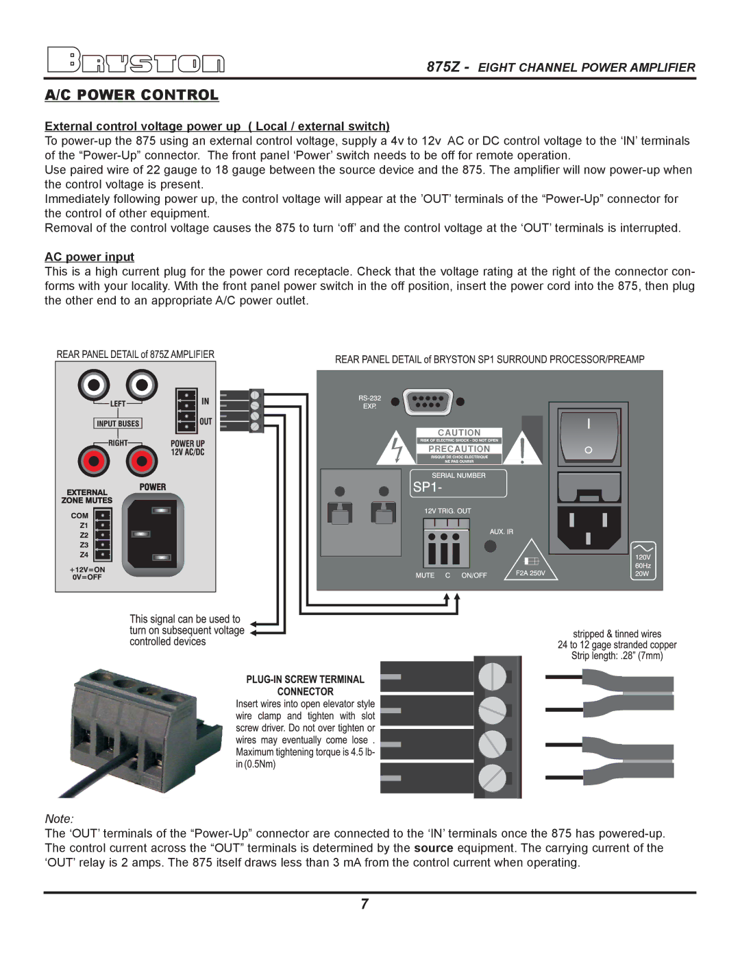 Bryston 875Z owner manual Power Control, External control voltage power up Local / external switch, AC power input 