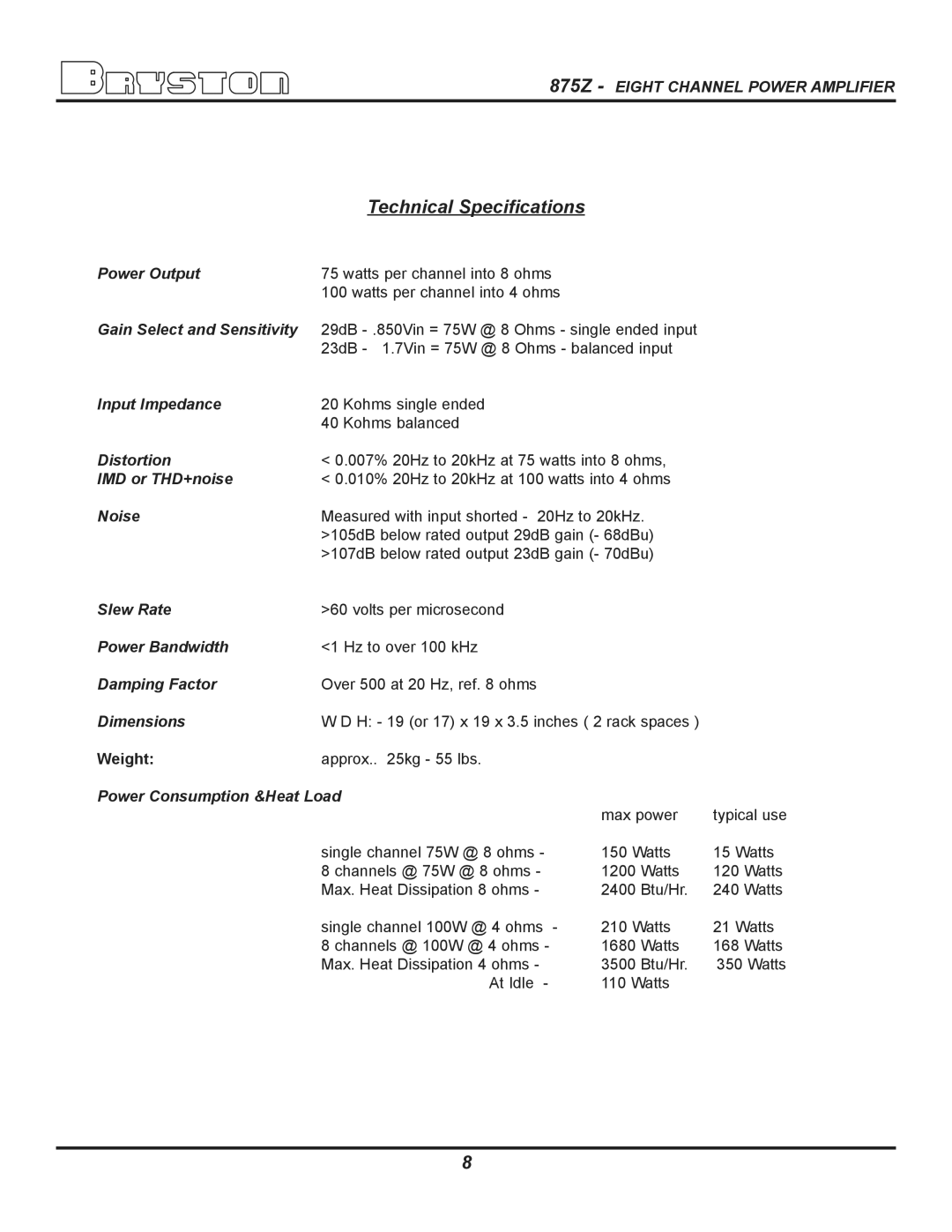 Bryston 875Z Power Output, Gain Select and Sensitivity, Input Impedance, Distortion, IMD or THD+noise, Noise, Slew Rate 