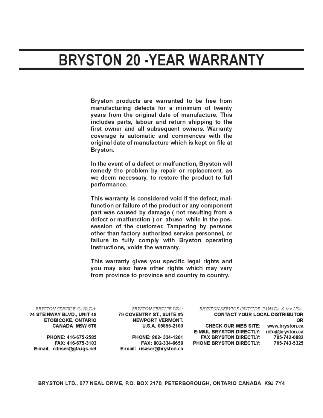 Bryston 875Z owner manual Bryston 20 -YEAR Warranty 