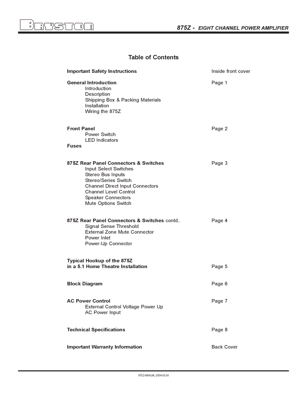 Bryston 875Z owner manual Table of Contents 