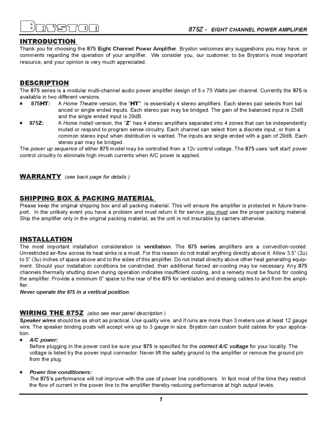 Bryston 875Z owner manual Introduction, Description, Shipping BOX & Packing Material, Installation 