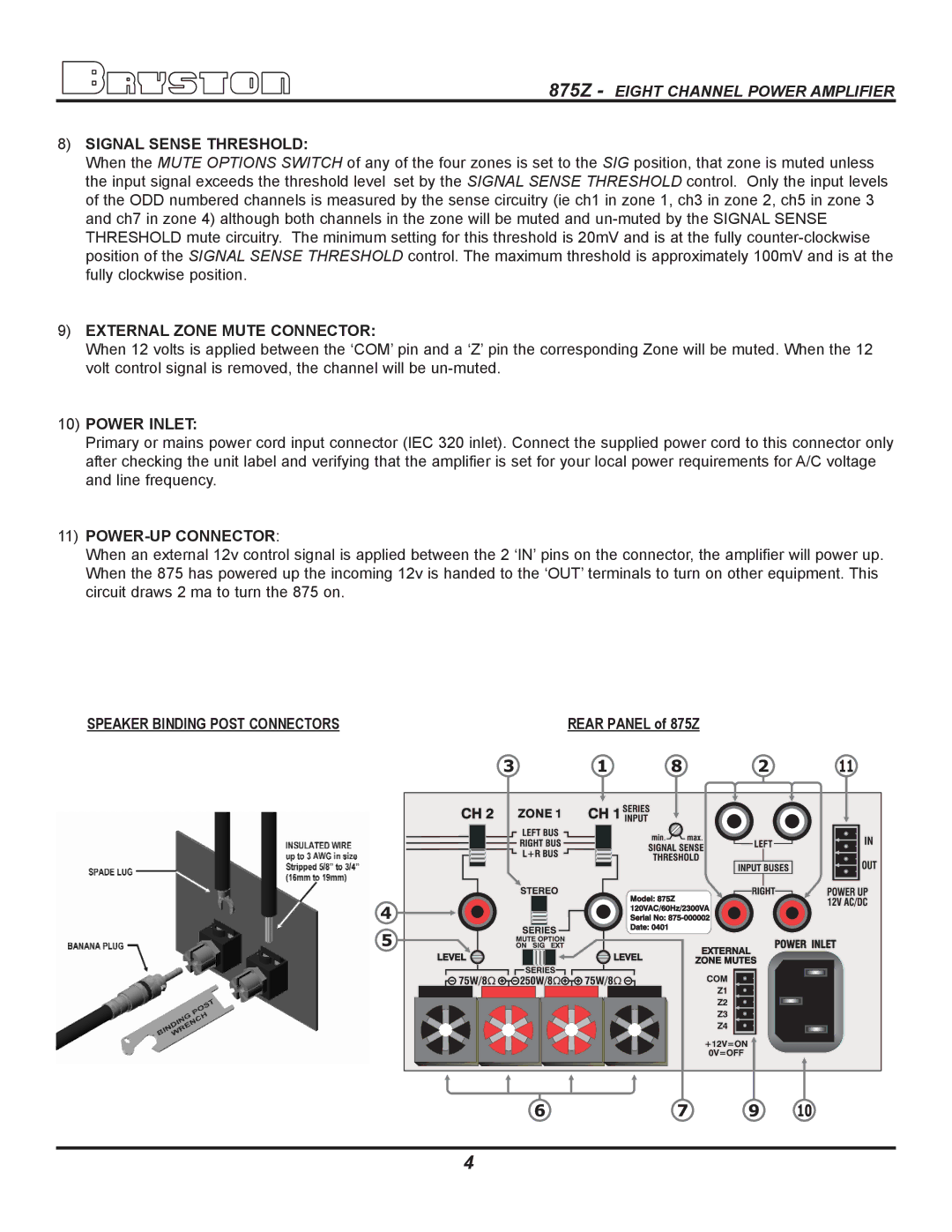 Bryston owner manual Signal Sense Threshold, Rear Panel of 875Z 