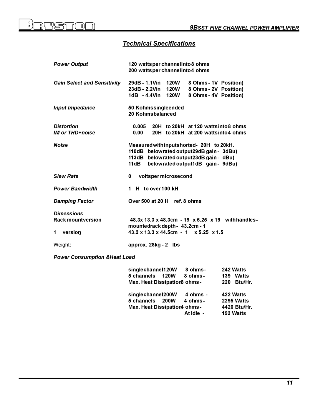 Bryston 9BSST Input Impedance, Distortion, IM or THD+noise, Noise, Slew Rate, Power Bandwidth, Damping Factor, Dimensions 