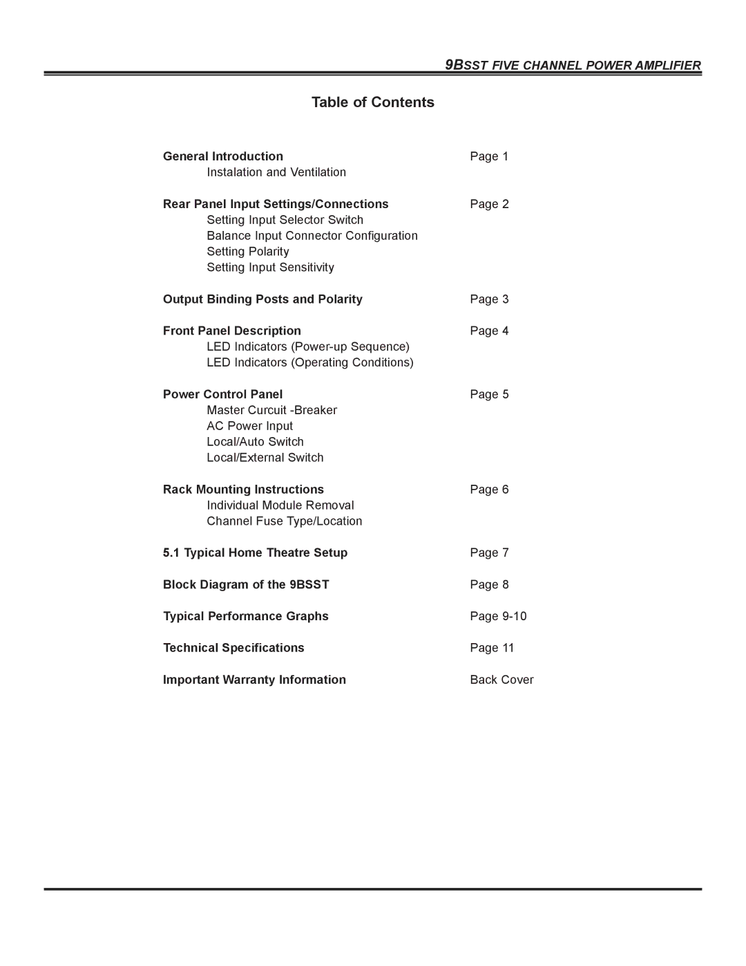 Bryston 9BSST owner manual Table of Contents 