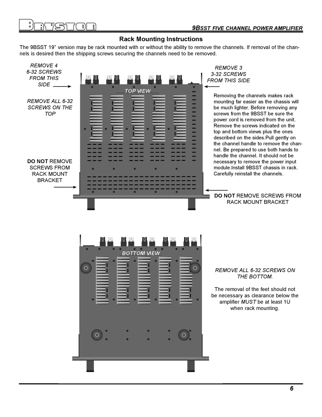 Bryston 9BSST owner manual Rack Mounting Instructions, TOP View 