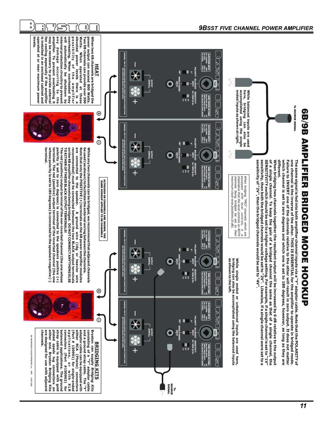 Bryston 9BSST owner manual 6B/9B Amplifier Bridged Mode Hookup 