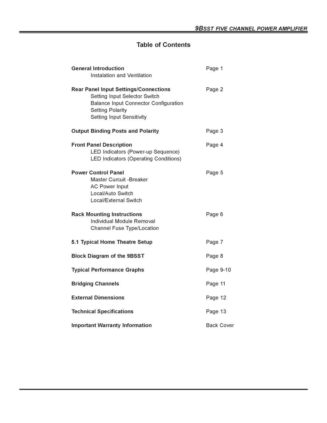 Bryston 9BSST owner manual Table of Contents 