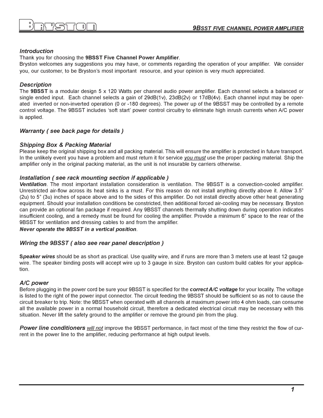 Bryston owner manual Introduction, Never operate the 9BSST in a vertical position 