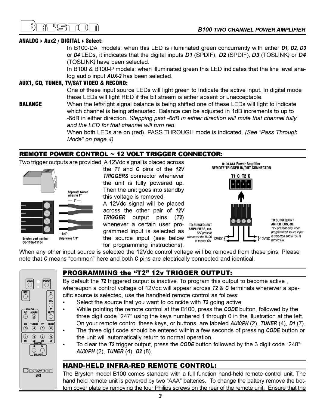 Bryston B100, B100-DA, B100-P Remote Power Control ~ 12 Volt Trigger Connector, Programming the T2 12v Trigger Output 