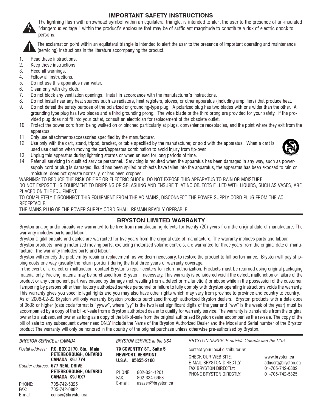 Bryston B100-P, B100-DA owner manual Important Safety Instructions, Bryston Limited Warranty 