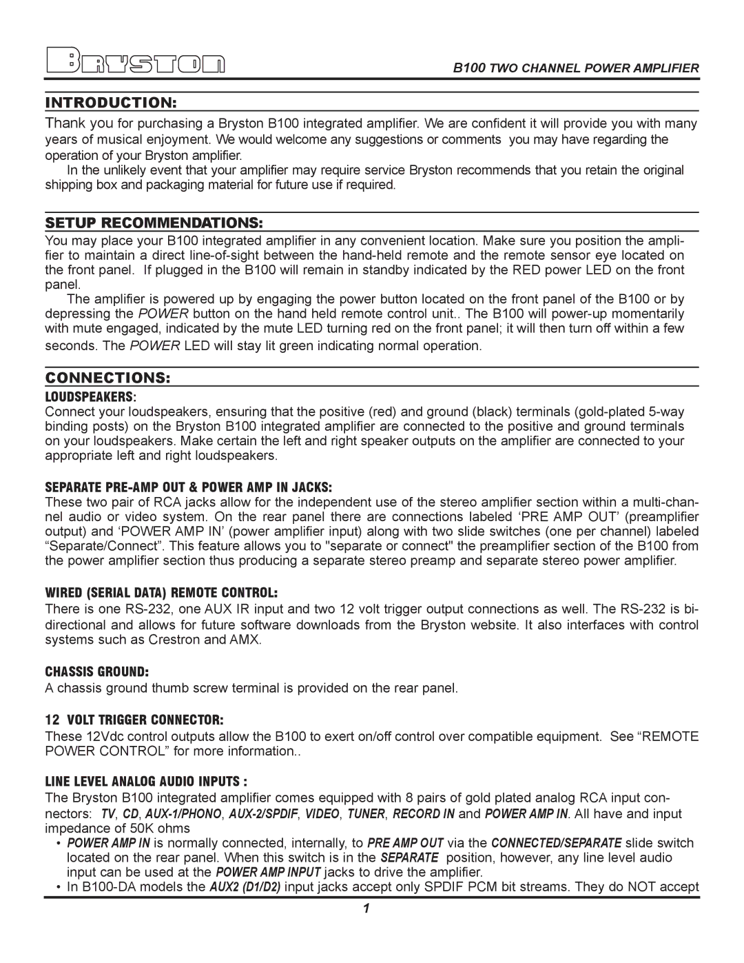 Bryston B100-DA, B100-P owner manual Introduction, Setup Recommendations, Connections 