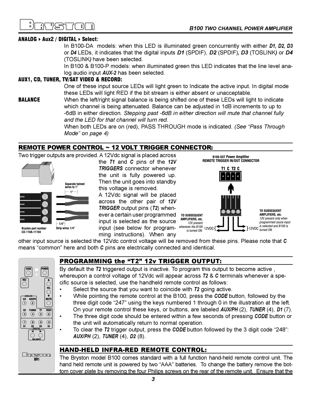 Bryston B100-DA, B100-P owner manual Remote Power Control ~ 12 Volt Trigger Connector, Programming the T2 12v Trigger Output 